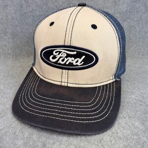 Ford Oval Logo Mens Blue Tan H3 Headwear Trucker Hat Mesh Snapback OSFM